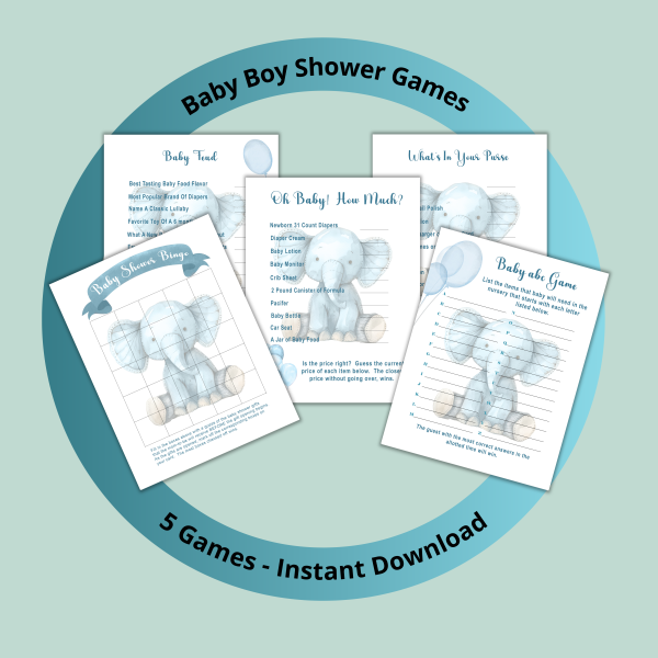 5 Baby Boy Shower Games - Elephant Design